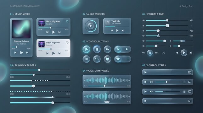 Futuristic digital user interface elements with sliders buttons and music player controls for software design