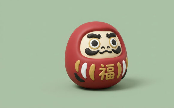 Red Japanese Daruma doll with lucky symbol for good fortune and traditional Japanese culture concepts