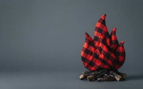 Artificial flannel plaid campfire with wood logs on a grey background for camping concept