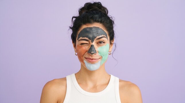 Playful young woman with colorful multi-masking clay treatment on face winking against purple background