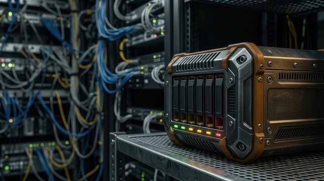 Ruggedized Data Storage Unit in Server Rack with Indicator Lights