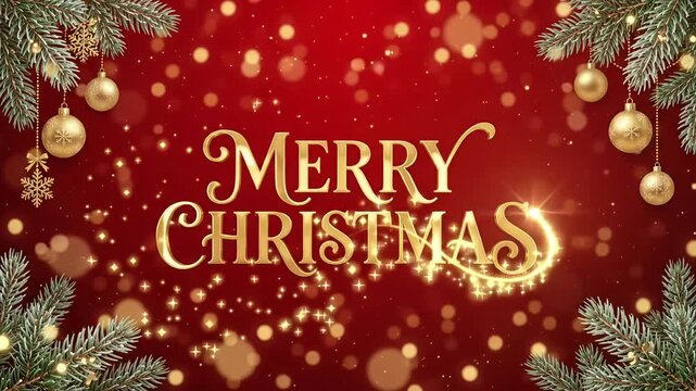 merry christmas gold text pine branch ornament motion graphic background loop
