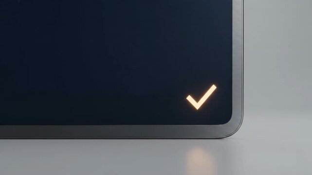Corner of dark tablet computer screen displaying glowing warm orange checkmark confirmation icon