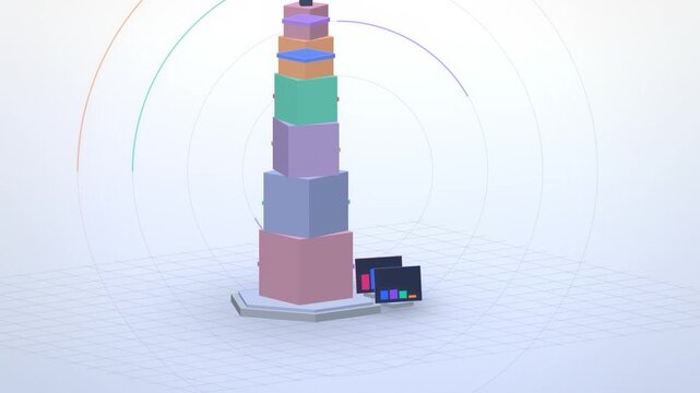 Blue twisting stack of data cubes close angle endless loop