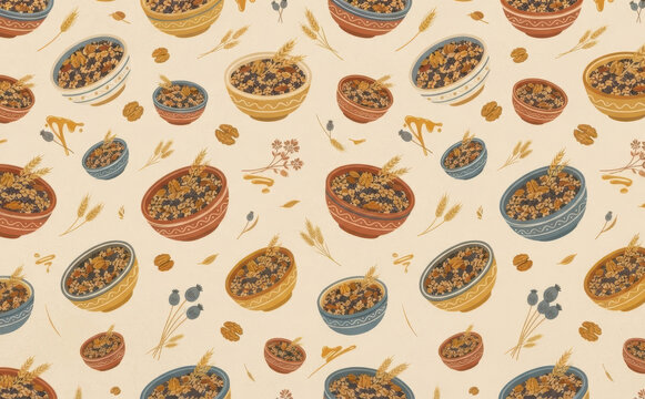 pattern with bowls of muesli, granola, and wheat ears for healthy breakfast designs