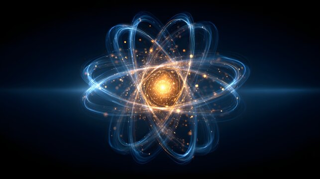 Glowing atomic structure with blue light orbital rings and a bright core nucleus on a dark background.