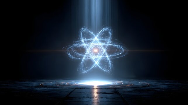 Futuristic glowing atomic symbol levitating above a dark metallic pedestal with light rays.