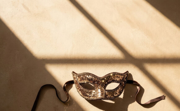 Golden masquerade mask with glitter and ribbons on a beige background with dramatic light shadows