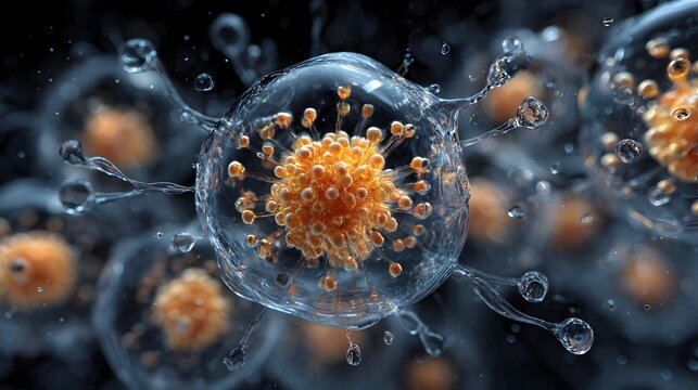 3D microscopic view of a cell nucleus surrounded by liquid drops and glowing orange molecular particles.