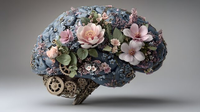 Human brain model decorated with blooming floral garden flowers and mechanical brass clockwork gears.