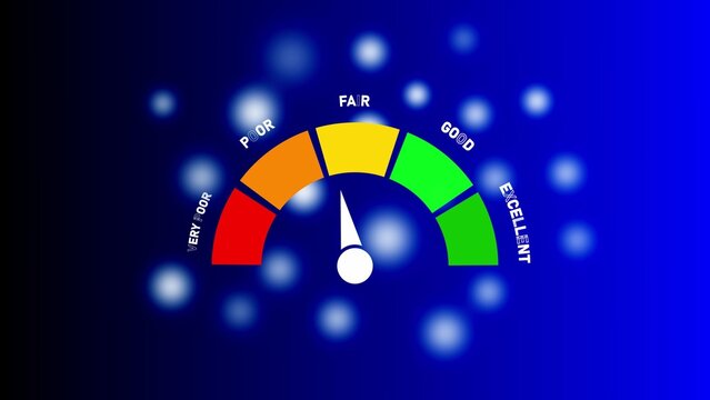 Performance gauge meter with a needle pointing to fair, colorful scale on a blue gradient background, with soft glowing, light bokeh circles effect