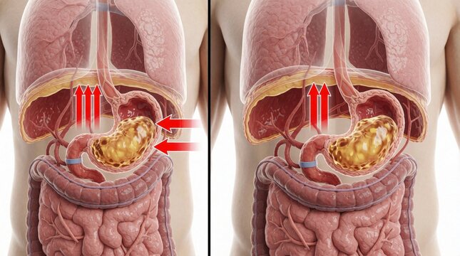 Medical diagram compares normal stomach anatomy with hiatal hernia condition. Red arrows show acid reflux moving up esophagus. Illustration shows upper part of stomach pushing through diaphragm