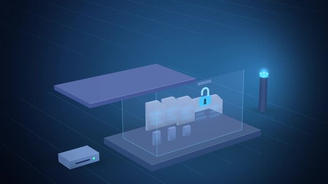 Blue files locked in glass vault elevated view assembling