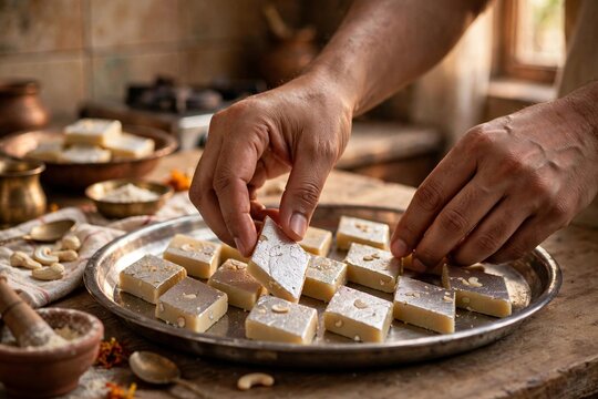 Hands arranging kaju katli sweets with silver varq on a steel tray in a traditional Indian kitchen