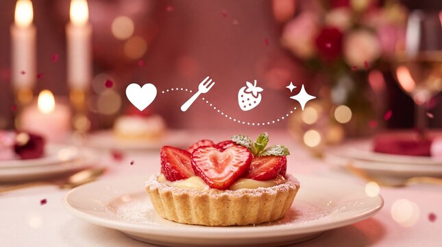Valentine's Day Strawberry tart with heart shaped fruit on white plate on table with candles with single strawberry custard