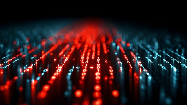 Abstract digital background with glowing red and blue binary code streaming through fiber optic matrix.