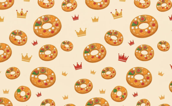 Rosca de Reyes pattern with traditional king cake and crowns for Epiphany celebrations
