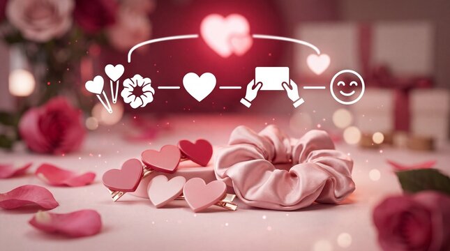 Valentine's Day Pink hair accessories with heart motifs and petals on a surface with decorative icons for a romantic holiday theme