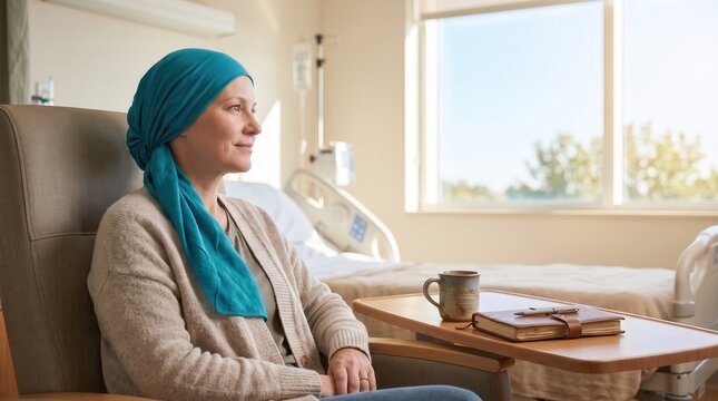 Resilient middle aged woman with cancer sitting in a hospital room wearing a teal headscarf, capturing hope and quiet strength for oncology healthcare marketing and cancer awareness campaigns.