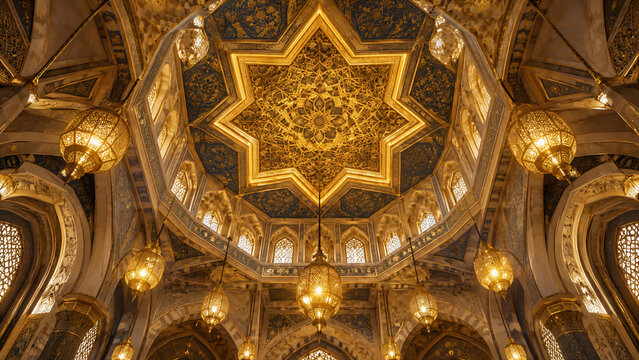 Grand Golden Islamic Star Ceiling with Hanging Pendant Lights