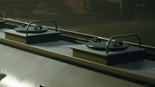 Detailed close view showing circular metal hatches and safety railings on top of a transport truck container outdoors during daytime