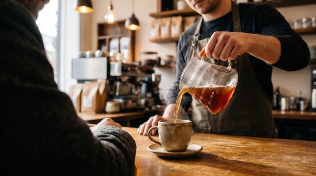 Barista pouring fresh hot coffee from a glass carafe into a ceramic cup at a rustic caf&eacute; counter, featuring authentic hospitality for specialty coffee shop marketing and roastery branding.