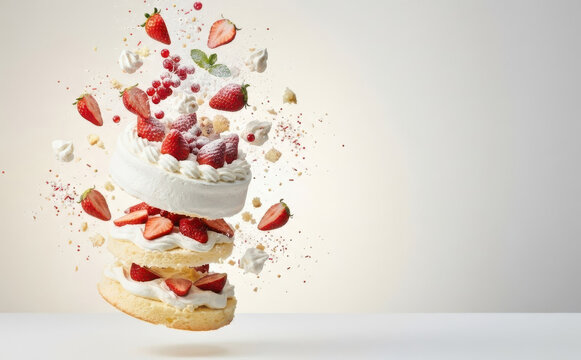 Exploding strawberry cake with cream layers levitating in the air for festive dessert concepts