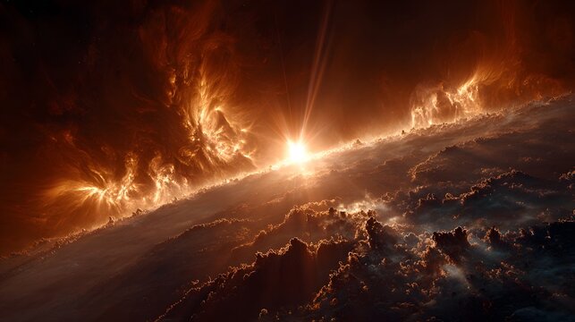 Explosive solar flare eruption on sun surface with fiery plasma flames and intense radiant light in deep space.