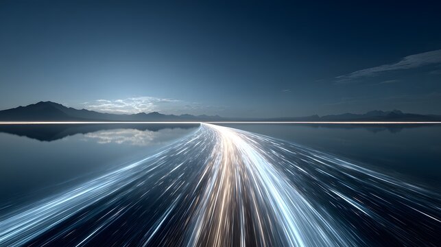 Futuristic light trails streaming along highway reflection over calm water lake landscape at night.