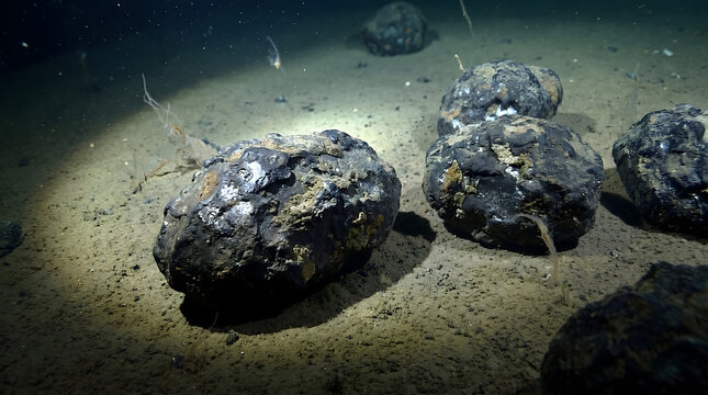 Close-up of polymetallic nodules resting on dark abyssal ocean sediment