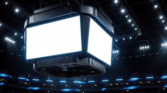 Large blank jumbotron screen hangs in modern sports arena. White LED scoreboard provides copy space for advertising game info. Bright lights illuminate empty stadium interior with huge digital