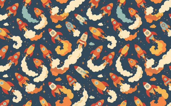 Retro Rocket Ship Pattern Space Travel Illustration for Kids Apparel and Wallpaper