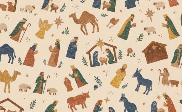 Christmas Nativity pattern with Manger scene, Wise Men, camels, and animals for holiday wrapping paper