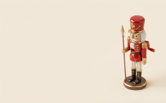 Traditional wooden nutcracker soldier with spear standing on a light background for Christmas design