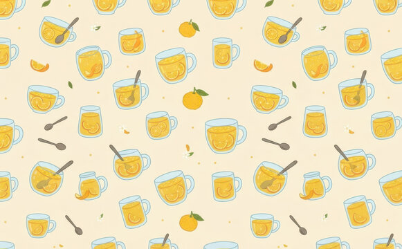 Cute pattern with tea cups, citrus fruit, and spoons for kitchen textile and wallpaper design