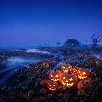 Cinematic Halloween Pumpkin Field with Glowing Jack O Lanterns and Ground Fog