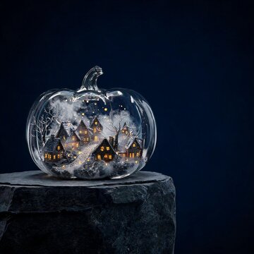 Surreal Glass Pumpkin Containing a Miniature Haunted Village with Glowing Windows