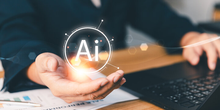 Businessman holding digital AI icon and futuristic data wave technology on hand, managing artificial intelligence systems for corporate business innovation and digital transformation strategy