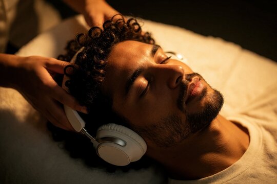 Young man with curly hair relaxes wearing white wireless headphones. Hands massage head for scalp treatment deep relaxation. Male client enjoys calm wellness therapy in spa salon under warm dim light