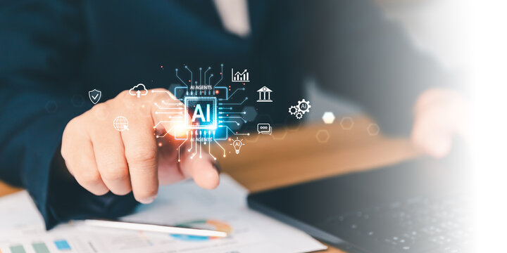 Businessman touching digital AI microchip icon with futuristic technology and data symbols, managing artificial intelligence systems for corporate business innovation and digital transformation