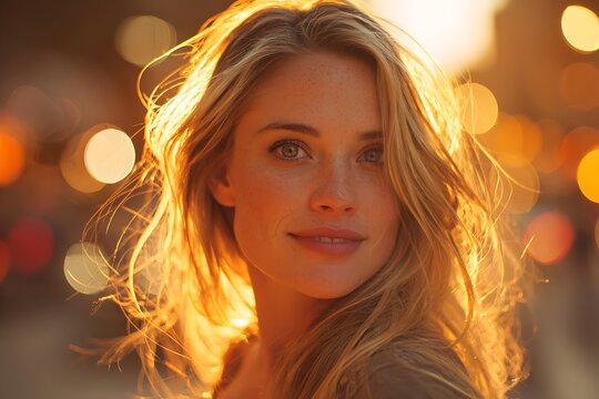 Beautiful blonde woman smiling in golden sunset light outdoors