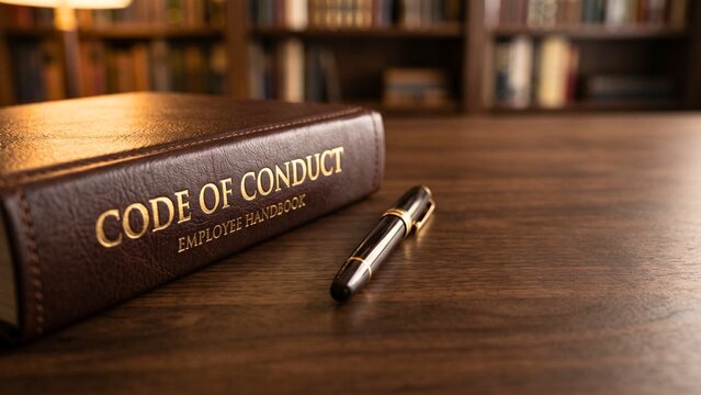 Code of conduct employee handbook with pen on desk in library for corporate ethics, company policy and business integrity