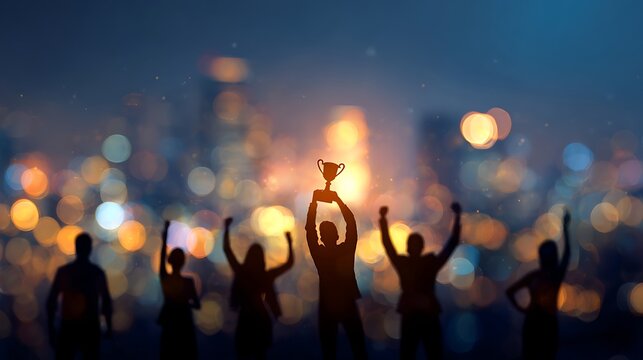 Silhouette of people celebrating success and holding trophy at night