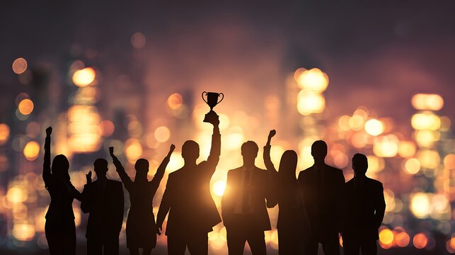 business team celebrating success with a trophy against city lights