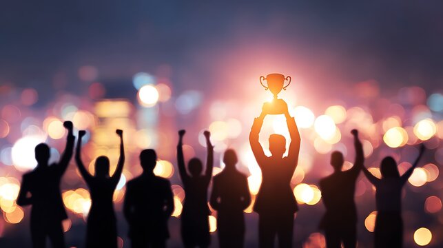 business team celebrating victory and holding trophy with bokeh lights