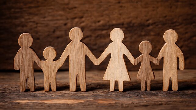 Wooden family figures holding hands on a rustic wooden background