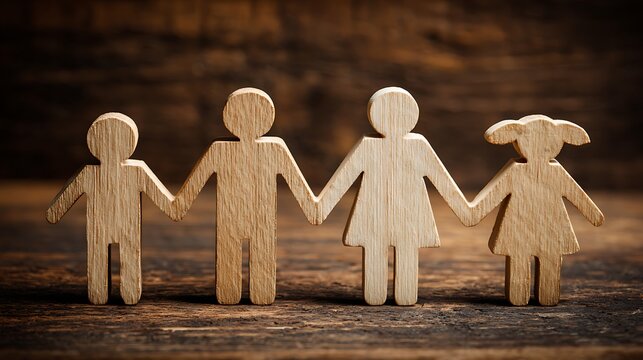 Wooden family cutouts standing and holding hands on a rustic surface
