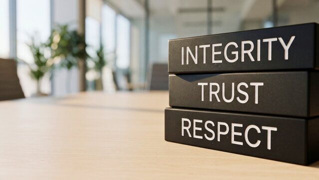 Integrity, trust and respect words stacked on office desk for core business values, corporate culture and team relationships