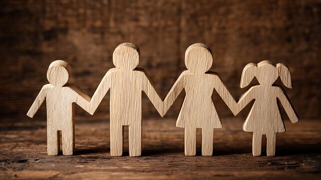 wooden figures of a family holding hands on a rustic background