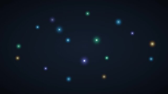 Glowing colorful light dots animation on dark background, pulsing star particles and firefly lights motion graphic for tech background and night sky overlay
